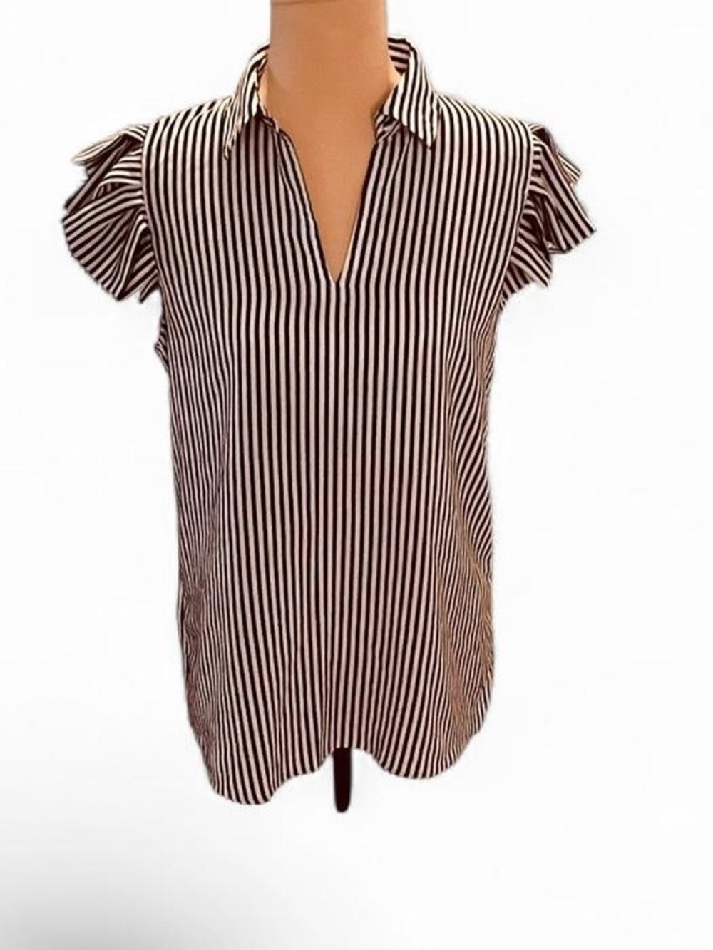 T Tahari Striped Blouse with Ruffled Sleeves - Size Small